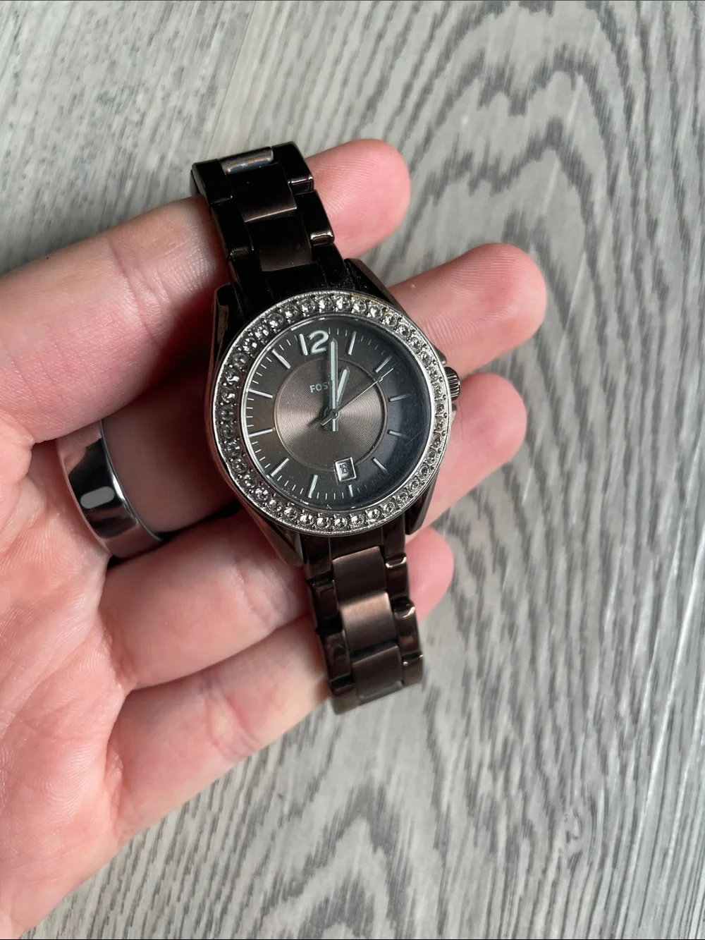 Fossil Brown Metal Bracelet Watch with Crystal Bezel